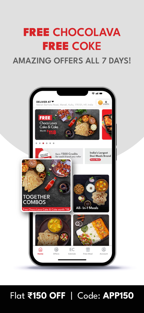 BOX8: Food Delivery App - BOX8 app interface showing free choco lava cake and coke offers on daily Indian meal deliveries