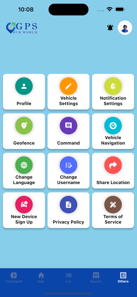 GPS OUR WORLD - Einstellungen-Menü der GPS OUR WORLD App, das Optionen zur Konfiguration von Fahrzeugen und Benachrichtigungen zeigt