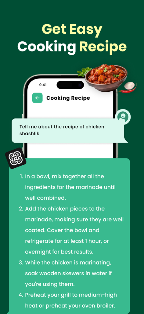 AI Chatbot Assistant proporcionando una receta paso a paso para cocinar shashlik de pollo en la pantalla de un teléfono móvil.