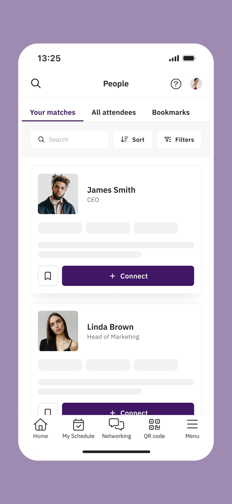 EventsPRO Messukeskus&Expomark - EventsPROアプリのネットワーキングインターフェースに、ビジネス参加者向けの推奨マッチが表示されています。
