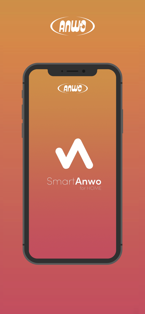 Splash screen of the ANWO Home smart home controller app on a smartphone with a stylized white logo and orange gradient background