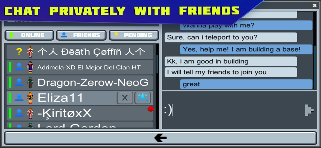 Interfaz de chat privado dentro del juego en Planet of Cubes mostrando amigos en línea y mensajes activos.