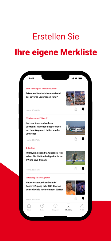 tz - Deine News aus München - Interfaccia dell'app di notizie tz che mostra la funzione di lista dei preferiti personalizzata