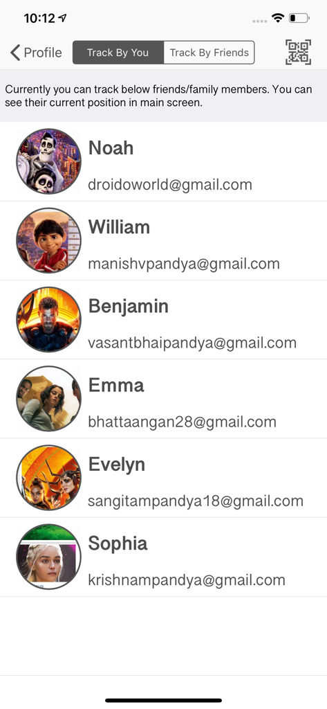 Interfaz de la aplicación móvil que muestra una lista de los miembros de la familia que están siendo rastreados con sus nombres y fotos de perfil.