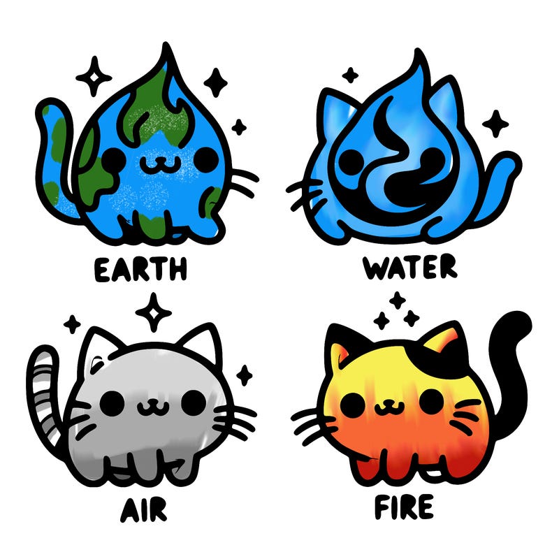 4 cats that represent the different elements, earth, water, air, and fire