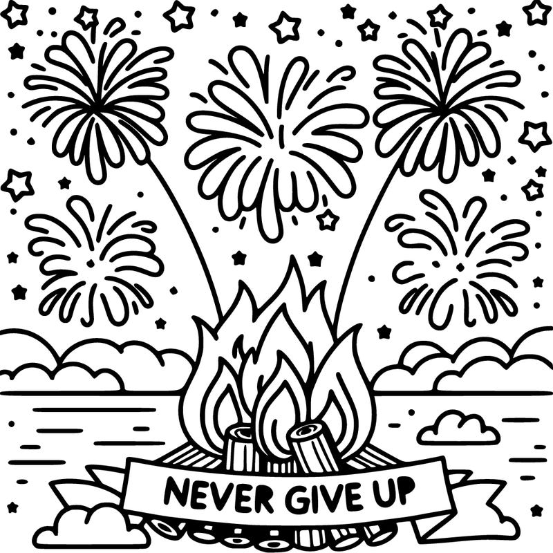 fire works with motivating message underneath "never give up"