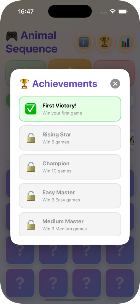 Mausaimae - Achievements menu in the Mausaimae app showing unlocked rewards and locked milestones for memory game progress