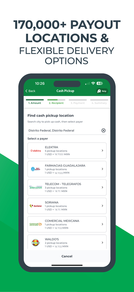 Pantalla de la app Intermex que muestra varias ubicaciones de retiro de efectivo y opciones de pago