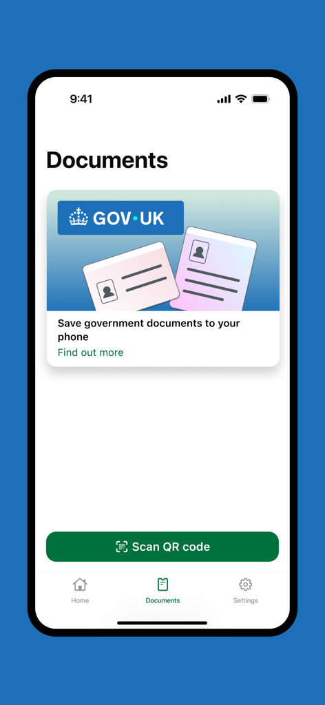 La pantalla de Documentos de la aplicación GOV.UK One Login que muestra una opción para guardar documentos gubernamentales y un botón de Escanear código QR.