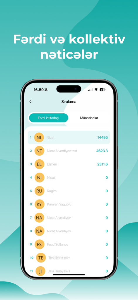 Ecotracker - La pantalla de la tabla de clasificación de la aplicación Ecotracker que muestra clasificaciones y puntos para usuarios individuales y resultados colectivos.