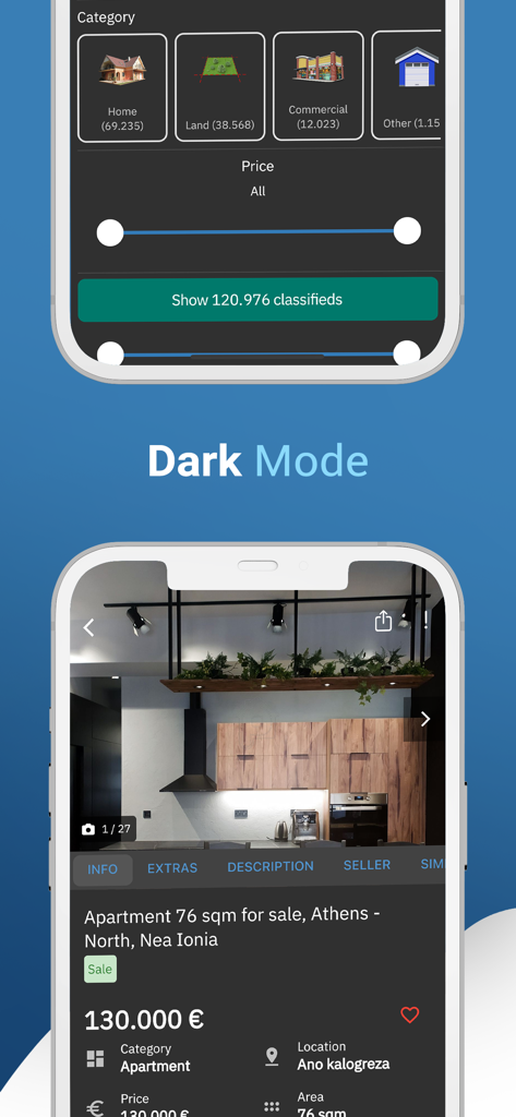 Interfaz en modo oscuro de la aplicación inmobiliaria Plot.gr que muestra filtros de búsqueda de apartamentos y detalles de anuncios de propiedades para Atenas.