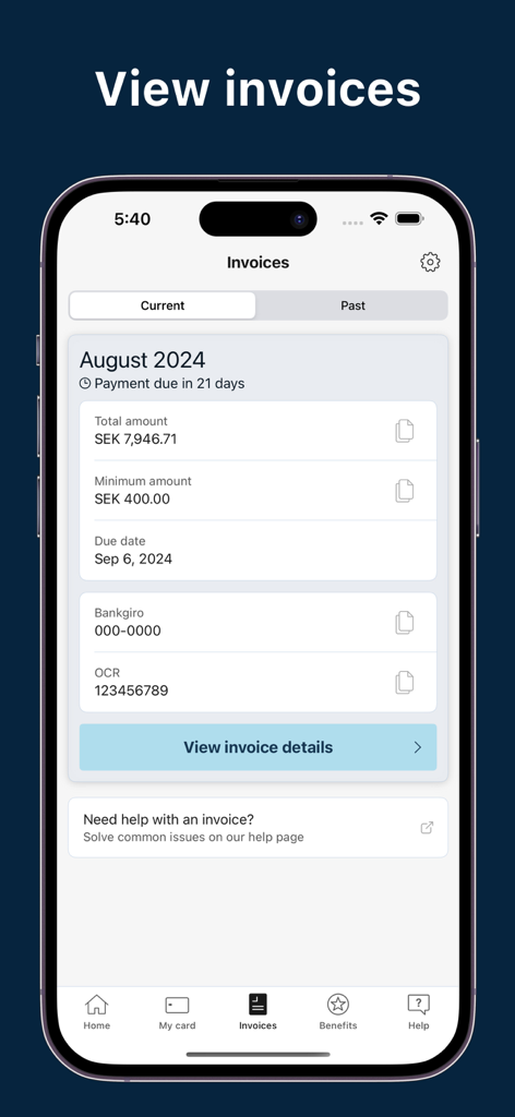 Tela de fatura do aplicativo SAS EuroBonus World Mastercard mostrando o saldo devedor e os detalhes de pagamento