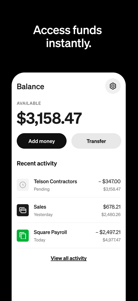 Square Point of Sale app interface showing a balance of over three thousand dollars with options to add money or transfer funds and a list of recent business transactions.