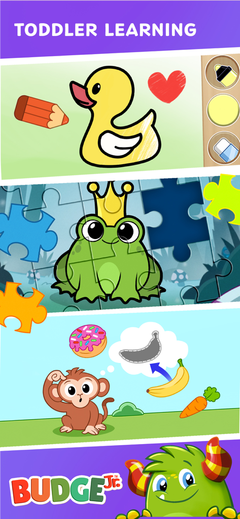 Budge Kids Games screenshot showing toddler learning activities like coloring a duck a frog puzzle and a monkey matching game