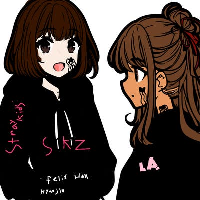 anime girl with shoulder length hair wearing a hoodie talking to another girl with shoulder length hair wearing a hoodie