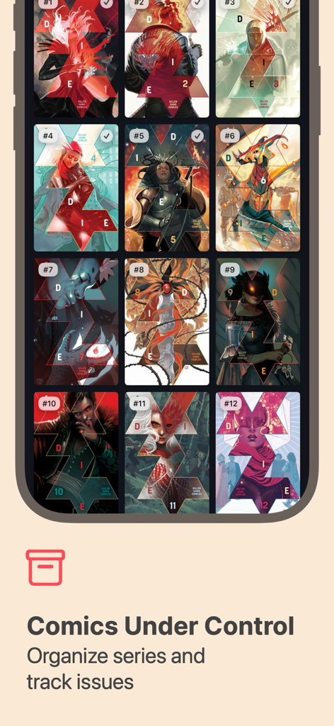A digital library interface in the Storylines app displaying a collection of comic book covers numbered for tracking progress