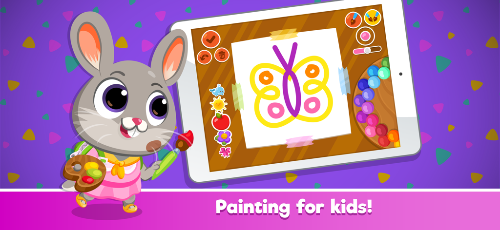 Cute bunny character painting a butterfly on a digital tablet in Bubbu School
