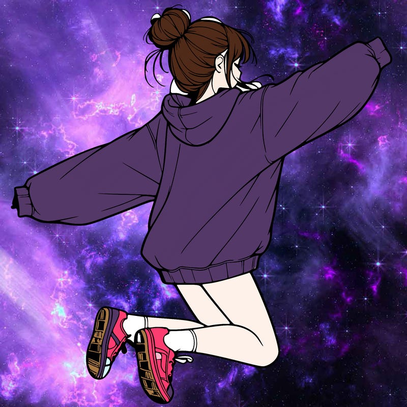 realistic girl jumping with a bun and oversized sweatshirt