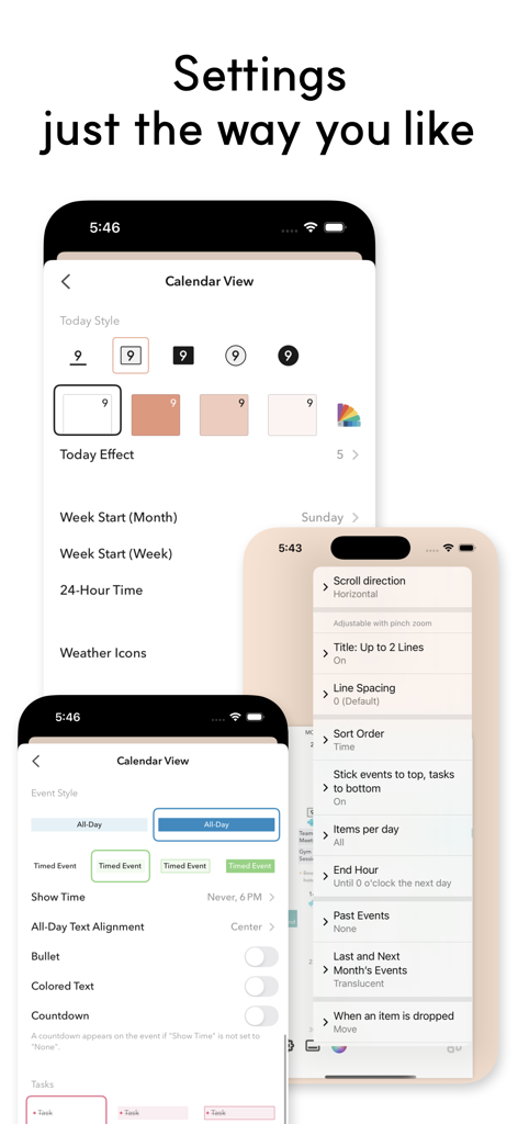Across: Modern Calendar - Interface of Across Modern Calendar showing various personalization and layout settings