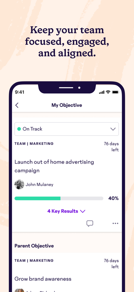 The 15Five mobile app interface showing a marketing team objective on track with a forty percent progress bar.
