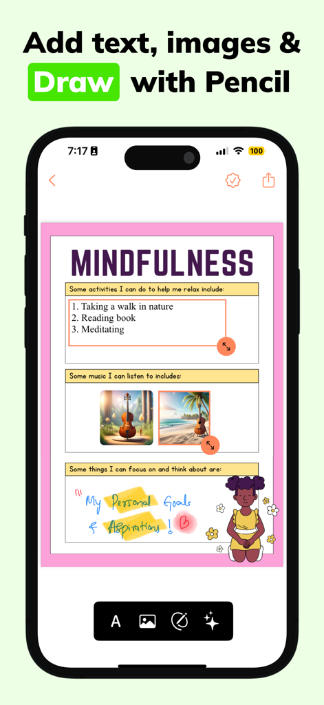 Daily Planners Organizer Todo - Pantalla del planificador de mindfulness que muestra escritura digital y archivos adjuntos de imágenes