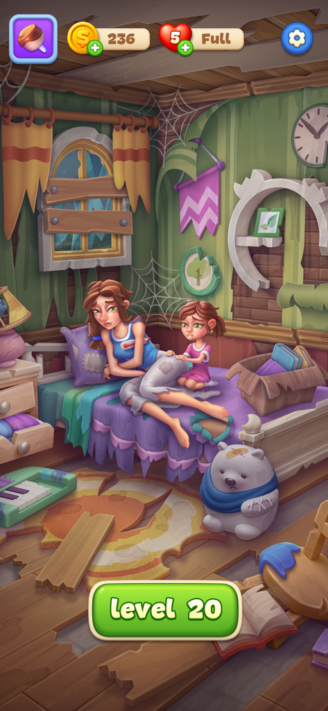 A mother and daughter sitting on a bed in a dilapidated and cluttered bedroom