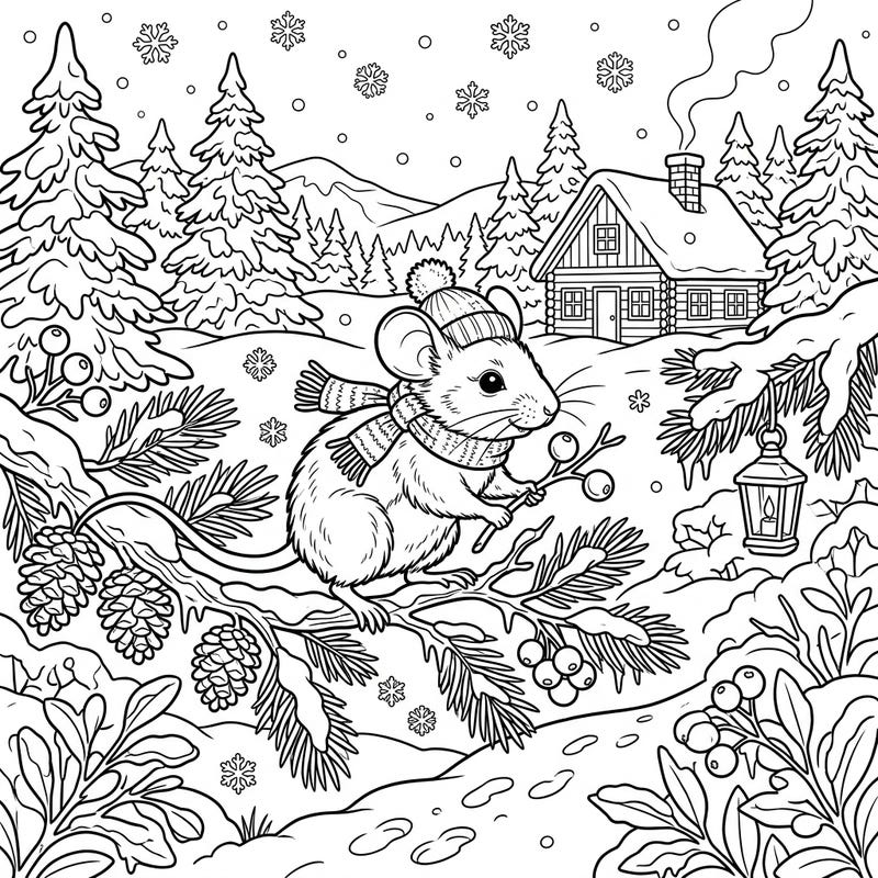 This charming coloring page features an adorable mouse bundled up for winter, set against a beautiful snowy landscape with a cozy cabin. Designed with large print and clear outlines, it offers a relaxing and engaging activity perfect for seniors.