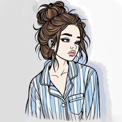 realistic woman with pajamas on and a messy bun