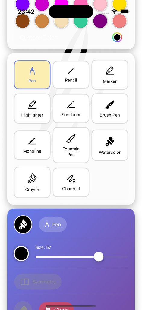 DrawPad - DrawPad 앱의 스크린샷으로 색상 선택 팔레트와 함께 연필, 마커, 수채화, 크레용을 포함한 다양한 디지털 그림 도구를 보여줌