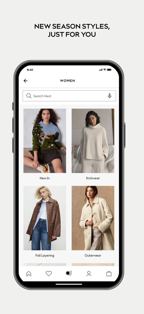 Next: Shop Fashion & Homeware - Next mobile shopping app interface displaying women's clothing categories like knitwear and outerwear