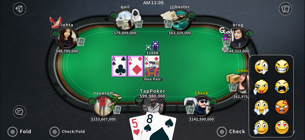 Tap Poker Social - Gameplay of Tap Poker Social showing a Texas Holdem table with multiple players and an emoticon menu for social interaction