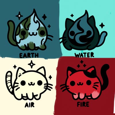 4 cats that represent the different elements, earth, water, air, and fire