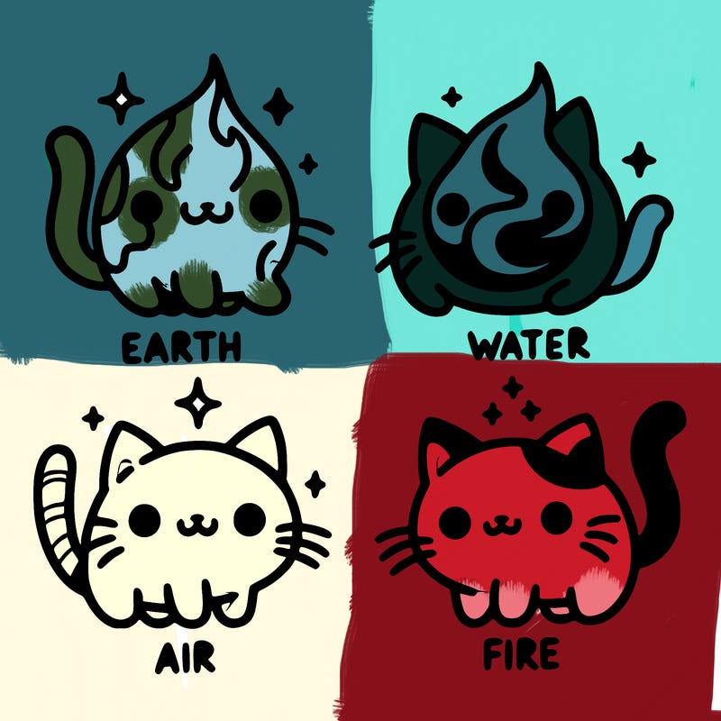 4 cats that represent the different elements, earth, water, air, and fire