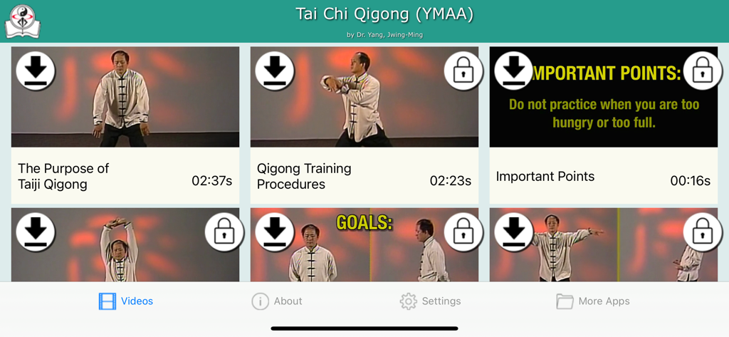 Interface of the Tai Chi Qigong app showing a list of instructional video lessons by Dr. Yang Jwing-Ming.