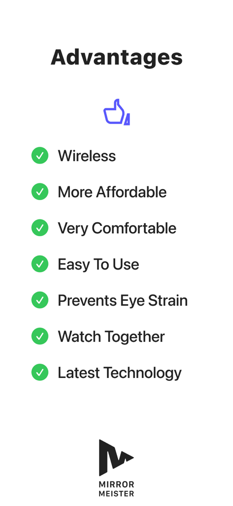 Une liste des avantages de l'utilisation de l'application MirrorMeister, y compris la connexion sans fil et la prévention de la fatigue oculaire