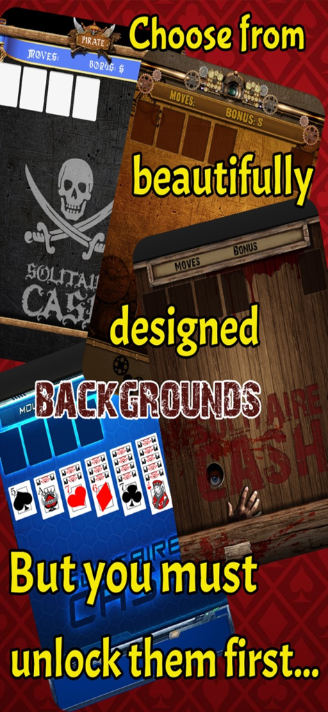 Solitaire Cash - Showcase of different unlockable background themes for Solitaire Cash including pirate and futuristic styles.