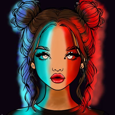 realistic girl with two buns in hair and lips