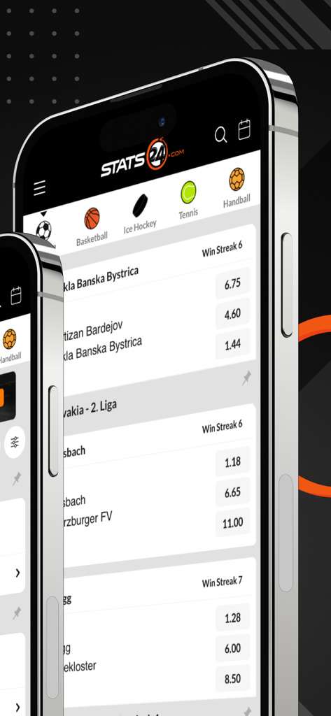 Stats24 app interface showing sports match analysis and betting odds