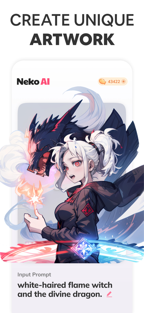 Neko AI app interface displaying a generated anime witch and dragon