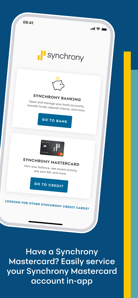 Synchrony Bank - Oberfläche der Synchrony Bank App, die Optionen zur Verwaltung von Bank- und Mastercard-Kreditkartenkonten anzeigt.