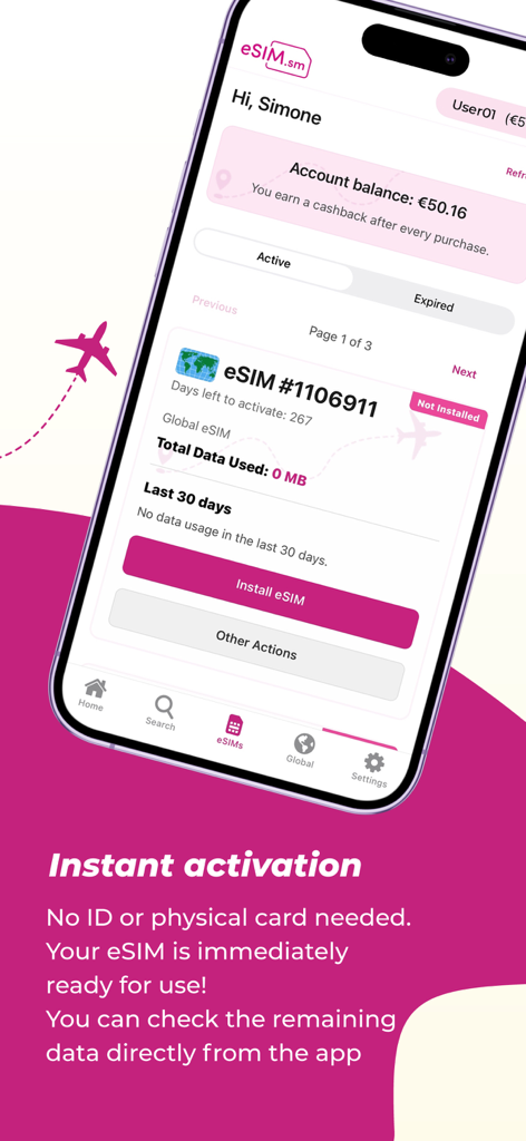 Interface mobile eSIM.sm pour l'activation instantanée et la gestion des forfaits de données de voyage