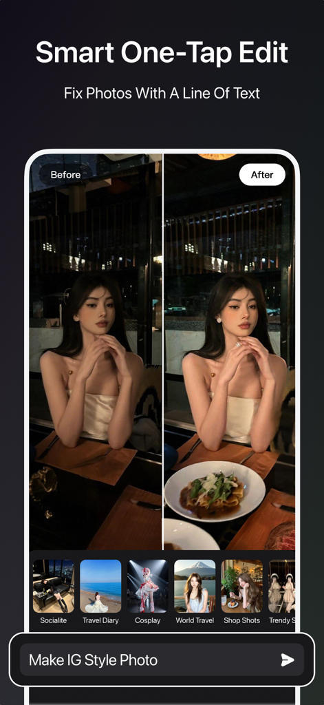 Before and after comparison of an AI photo edit using a text prompt to create an Instagram style look
