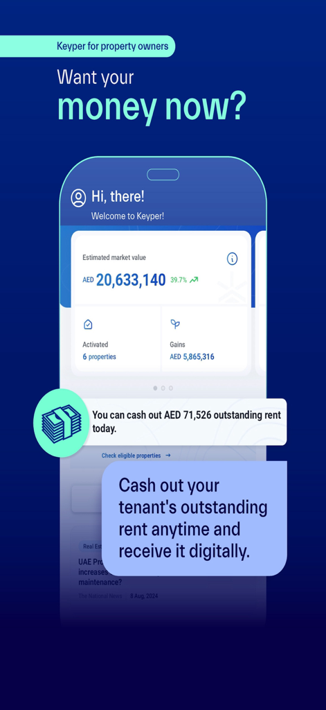 Keyper: Manage & Rent Property - Keyper app dashboard for property owners showing portfolio performance and a feature to cash out outstanding rent digitally.