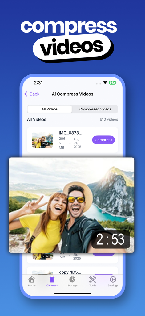 Interface of the AI video compression feature showing how to optimize phone storage by reducing large video file sizes.