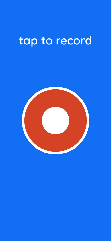 Voice Reverser app main screen showing a large red record button on a blue background with the text tap to record