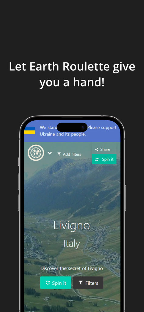 Earth Roulette: Trip Explorer - Earth Roulette Mobile App zeigt einen malerischen Bergblick auf Livigno, Italien, mit Dreh- und Filter-Buttons
