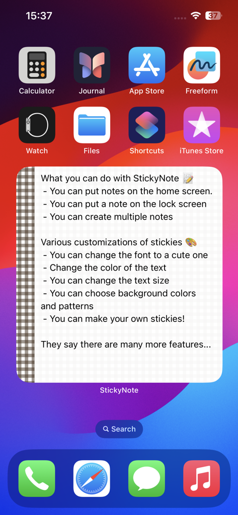 Sticky Note Widget - Cute Memo - An iPhone home screen displaying a customizable sticky note widget with a checkered border and descriptive text.