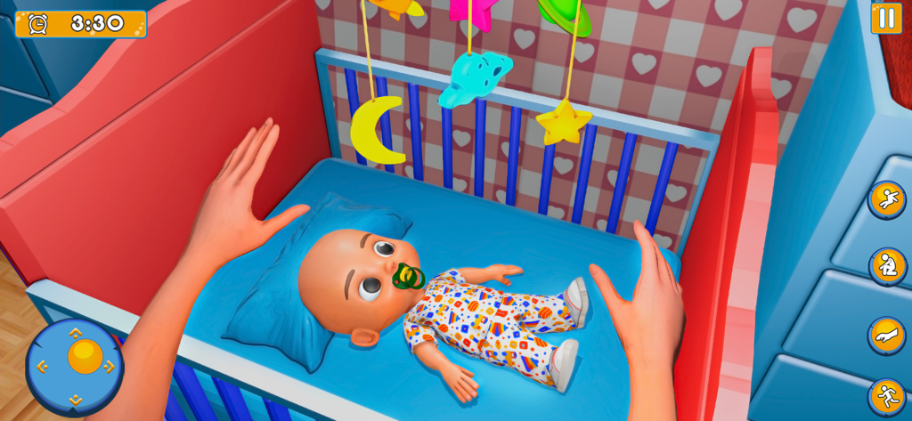Mother Simulator BabyCare Game - First person perspective of a mother caring for a baby in a colorful crib