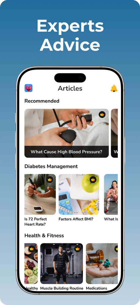 Blood Pressure Tracker Bp log - Una schermata mobile che mostra articoli sulla salute e consigli di esperti su argomenti come la pressione sanguigna, la gestione del diabete e le routine di fitness.