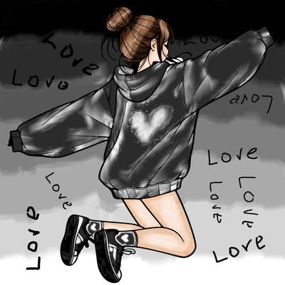 realistic girl jumping with a bun and oversized sweatshirt